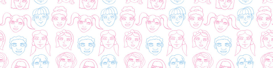 Vector outline seamless pattern with cartoon faces, heads of kids, boys and girls. Friendship, school theme. Hand drawn Childish fun cute texture backdrop