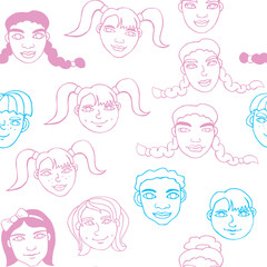 Vector outline seamless pattern with cartoon faces, heads of kids, boys and girls. Friendship, school theme. Hand drawn Childish fun cute texture backdrop