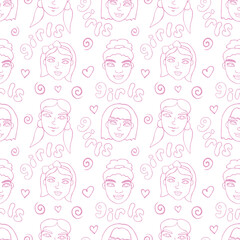 Vector seamless pattern with outline faces, heads of women, girls and letterings. Friendship theme, girls power. Childish, girlish fun cute texture backdrop. Different and beautiful.