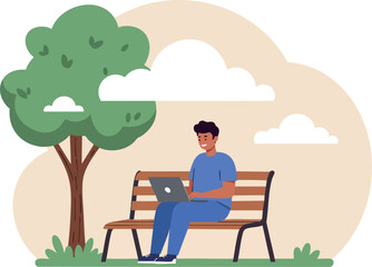 Man Sitting on Park Bench Using Laptop Near Tree and Clouds Vector Illustration 