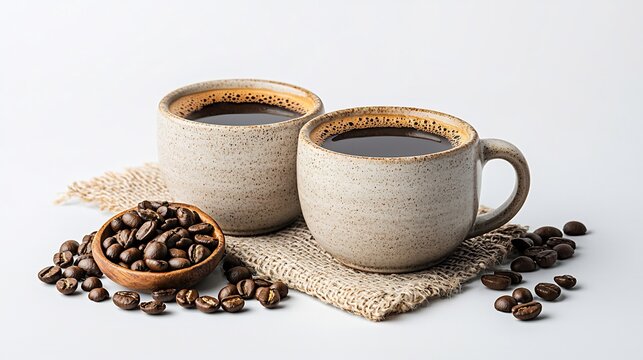 Two cups of dark coffee with coffee beans