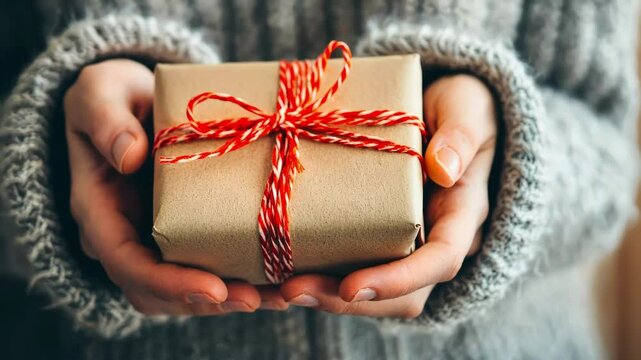 Caucasian adult holds wrapped gift with red and white twine bow in cozy sweater indoors