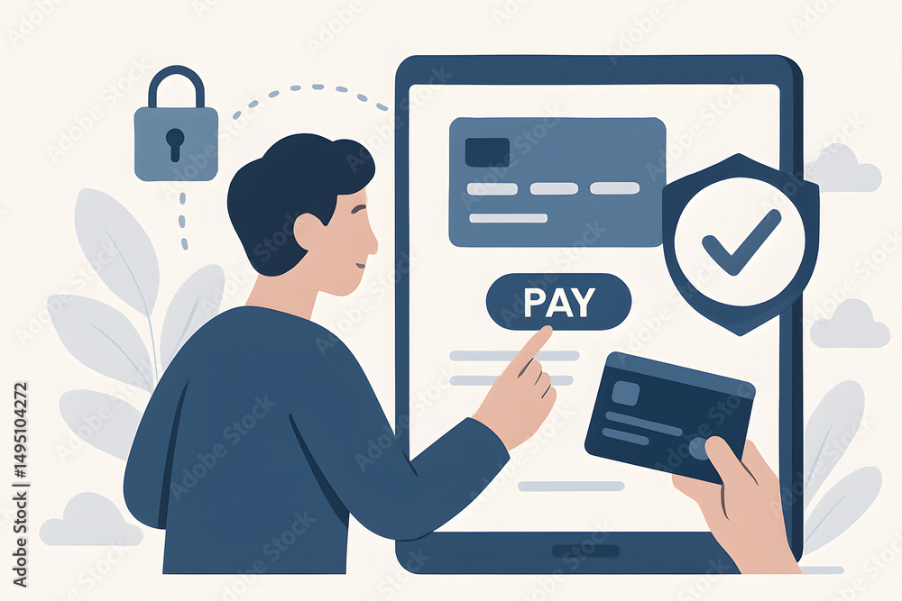 Poster secure online payment: a man makes a secure online payment using a tablet, emphasizing security and 