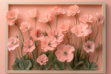 Delicate, paper flowers arranged in a light peach-colored frame.