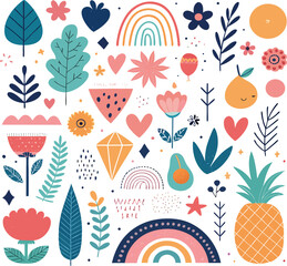 Cute Floral and Fruit Doodle Vector – Boho Style Clipart Pack