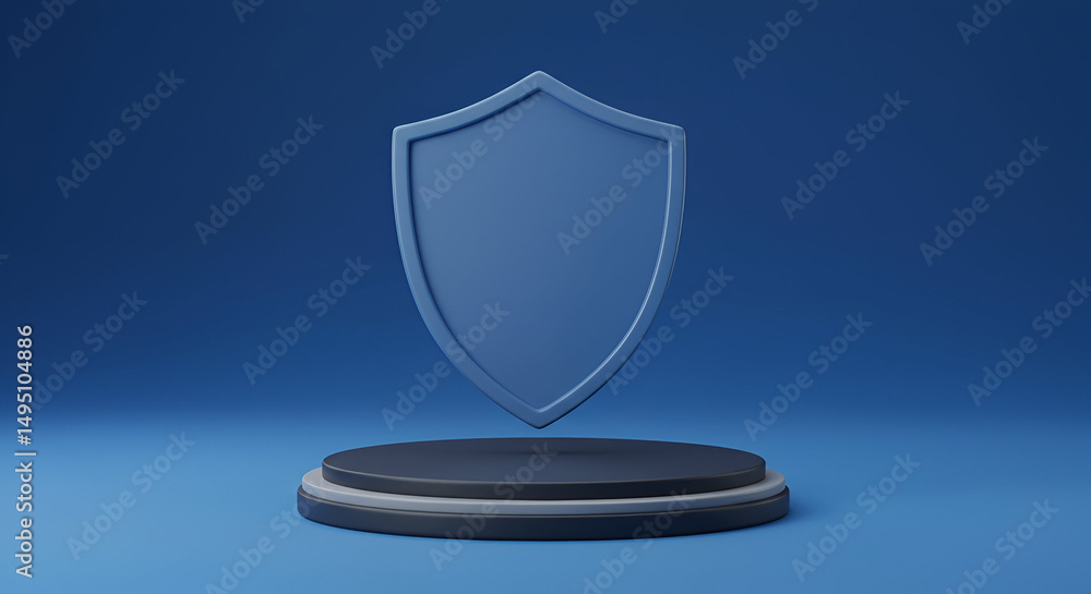 Aufkleber 3d rendered stylized blue shield icon floating on a grey and black tiered podium against a solid blu