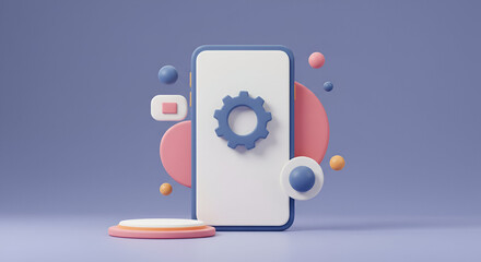 Naklejka premium Modern mobile phone design with abstract geometric shapes. A smartphone with gear icon, set against a backdrop of floating, colorful geometric shapes on a pastel purple surface.