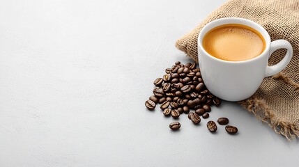 White coffee cup with coffee beans on a light gray surface and burlap