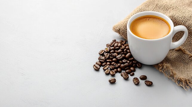 White coffee cup with coffee beans on a light gray surface and burlap