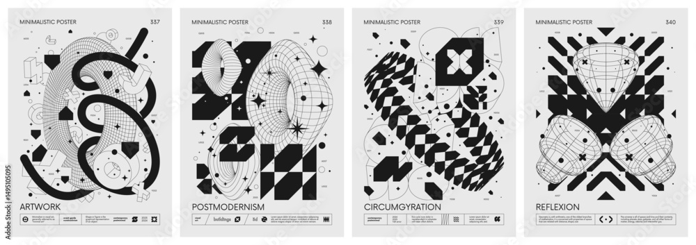 Poster brutalism style vector minimalistic posters with silhouette postmodern figures, futuristic abstract 