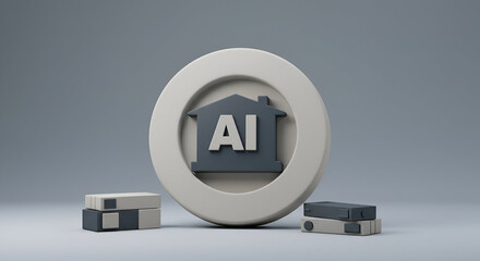 AI home automation icon on a simple, neutral backdrop. Abstract, 3D rendering of a circular icon symbolizing AI technology for home.