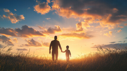 Fototapeta premium Father and son holding hand in hand at the sunrise time.