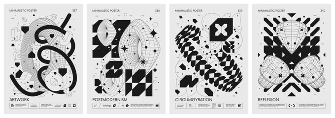 Fototapeta na wymiar Brutalism style vector minimalistic Posters with silhouette postmodern figures, Futuristic abstract graphic wireframe elements of geometric shapes rave composition, Trendy modern print artwork set 85