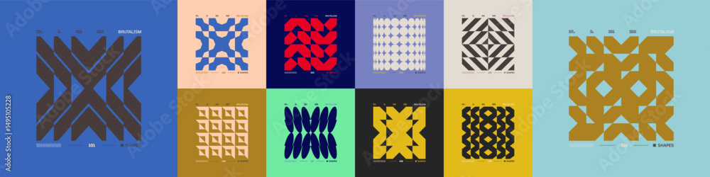 Poster kit of postmodern geometric compositions with abstract shapes in brutalism aesthetics, mosaic of bru