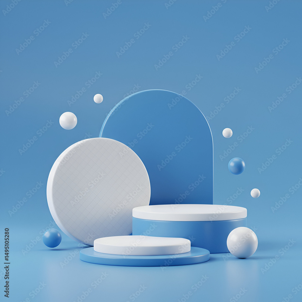 Poster modern geometric shapes in light blue and white colors with floating spheres. abstract display podiu