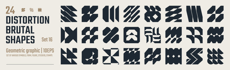 Postmodern abstract geometric graphic elements, Refraction and distortion glass effect various form, Brutalist vector shapes, trendy retro design symbols in Y2K aesthetics, vintage stickers, set 16