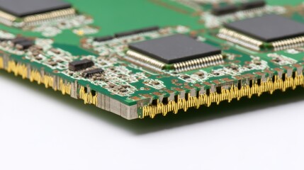 Ultra clear close-up of dense FPGA breadboard, forest green surface, gold connectors on edges, complex wiring, low angle top view, industrial white background.