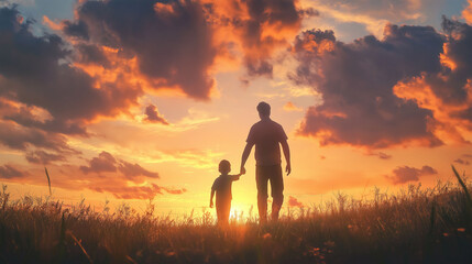 Father and son holding hand in hand at the sunrise time.