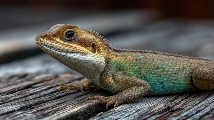 Obraz premium Detailed Portrait of a Garden Lizard Resting on Weathered Wooden Surface