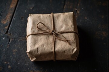 brown paper wrapped present on a black wooden table