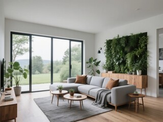 Modern Living Room with Green Wall and Large Windows