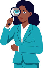 Businesswoman in teal suit holding magnifying glass for inspection and analysis vector illustration 