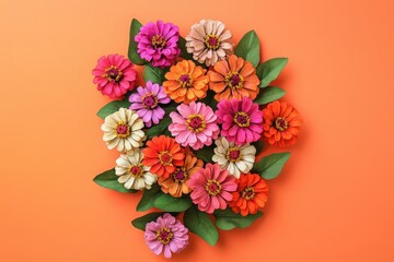 Fototapeta premium Colorful paper flowers arranged on an orange background.