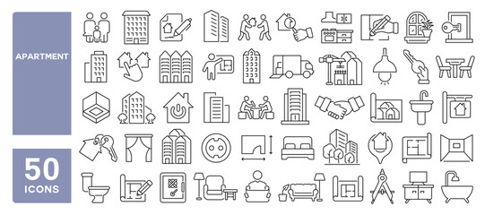 Set of 50 line icons related to apartment, flat, home, architecture, property, building, residential, Editable stroke. Vector illustration