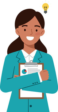 Businesswoman holding clipboard with charts and idea light bulb vector illustration 