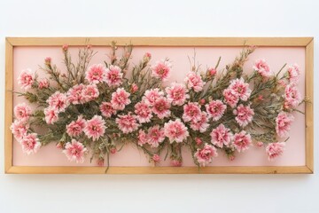 Pink flowers in a wooden frame on a pastel background.
