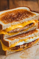 A mouthwatering sandwich featuring a fluffy egg, tender chicken, and melted cheese on toasted bread.