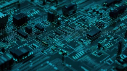 Close-up image of a printed circuit board with microchips and components, showcasing modern electronic design and precision engineering.