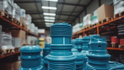 Blue plastic parts stacked in warehouse
