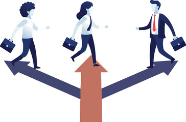 Obraz premium Businesspeople choosing career path direction with briefcases and arrows vector illustration