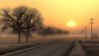 Foggy sunrise over rural road