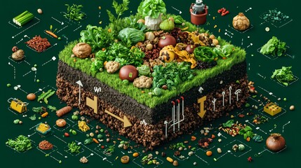 3D isometric flat illustration of organic waste conversion to energy, food scraps flowing into biodigester, arrows pointing to gas output and electricity, clean infographic layout, top-down view, educ