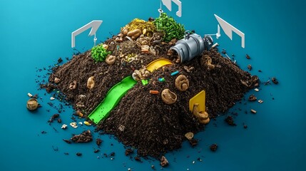3D isometric flat illustration of organic waste conversion to energy, food scraps flowing into biodigester, arrows pointing to gas output and electricity, clean infographic layout, top-down view, educ