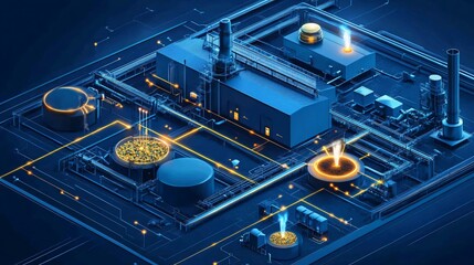 3D isometric flat illustration of organic waste conversion to energy, food scraps flowing into biodigester, arrows pointing to gas output and electricity, clean infographic layout, top-down view, educ