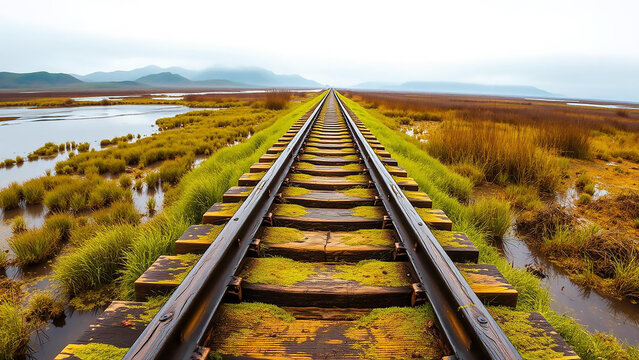Abandoned Railway Tracks in Marshy Wetlands with Mountains in Distance