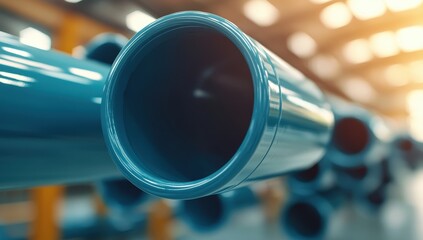 Close-up of vibrant blue pipes in a factory
