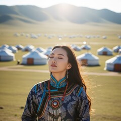 Obraz premium asian pretty woman wearing traditional clothes with the yurt and nature
