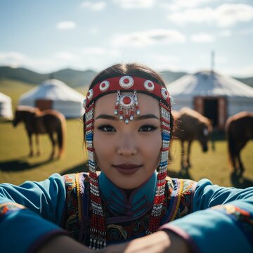 asian pretty woman wearing traditional clothes with the yurt and nature