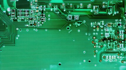 Macro photo of a green printed circuit board showing intricate electronic components used in computing, robotics, and digital systems.