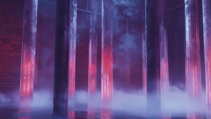 Neon-lit, misty, industrial interior