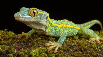 Obraz premium Vibrant gecko portrait, showcasing exotic reptile beauty on mossy substrate