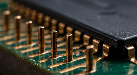 Electronic chip with gold pins on green board