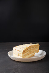piece of napoleon cake on white plate, black background. Copy space, place for text