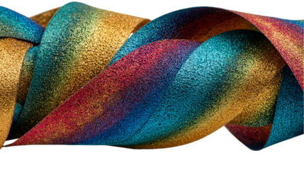 Close-up view of multicolored, textured ribbons, forming an abstract design with flowing, swirling shapes.  Vibrant colors and textures create a dynamic composition.