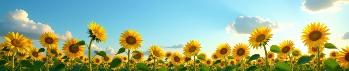Obraz premium Golden sunflowers bask in summer sun, azure sky above , golden hour, sunflowers