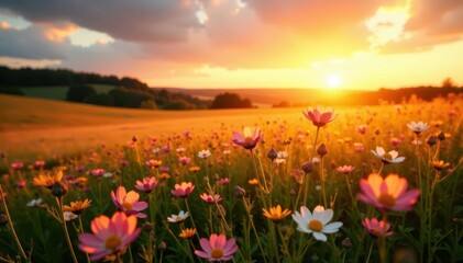 Fototapeta premium Golden sunset hues bathe wildflowers in vibrant field, red, plant, beautiful